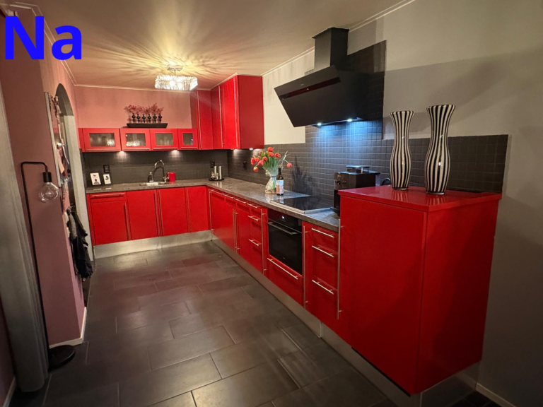 Moderne keuken met rode kasten en donkergrijs aanrecht.