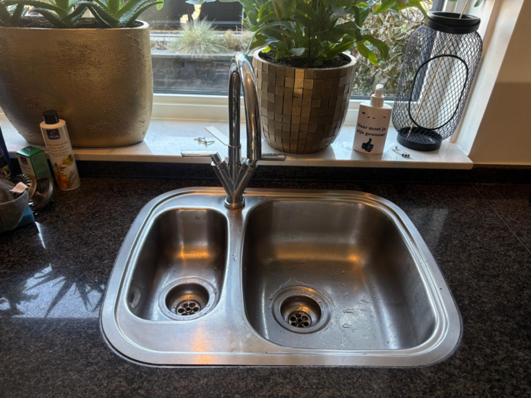 Dubbele spoelbak met planten en schoonmaakproducten