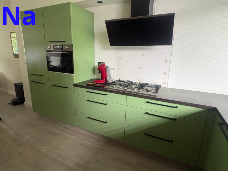 Moderne groene keuken met fornuis en oven.
